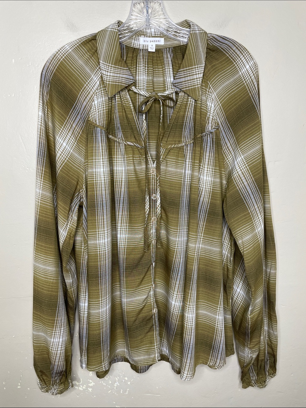 BLU PEPPER Green & White Plaid Peasant  Blouse Boho Chic Earthy Indie Girl Small